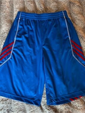 adidas Boys Blue Athletic Shorts with Red Stripe Details
